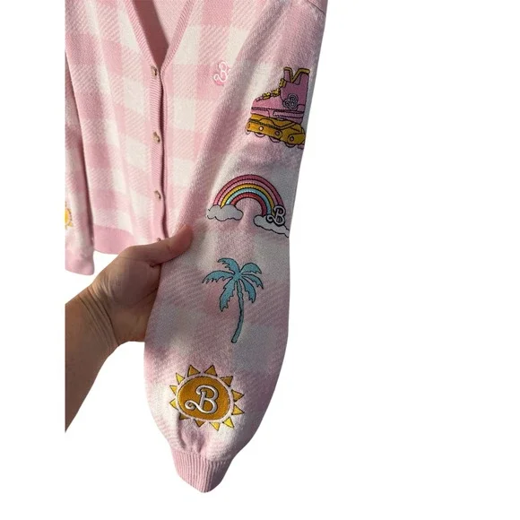 Barbie The Movie Pink Cardigan Sweater Size Small Gingham Heart Buttons - Picture 8 of 11